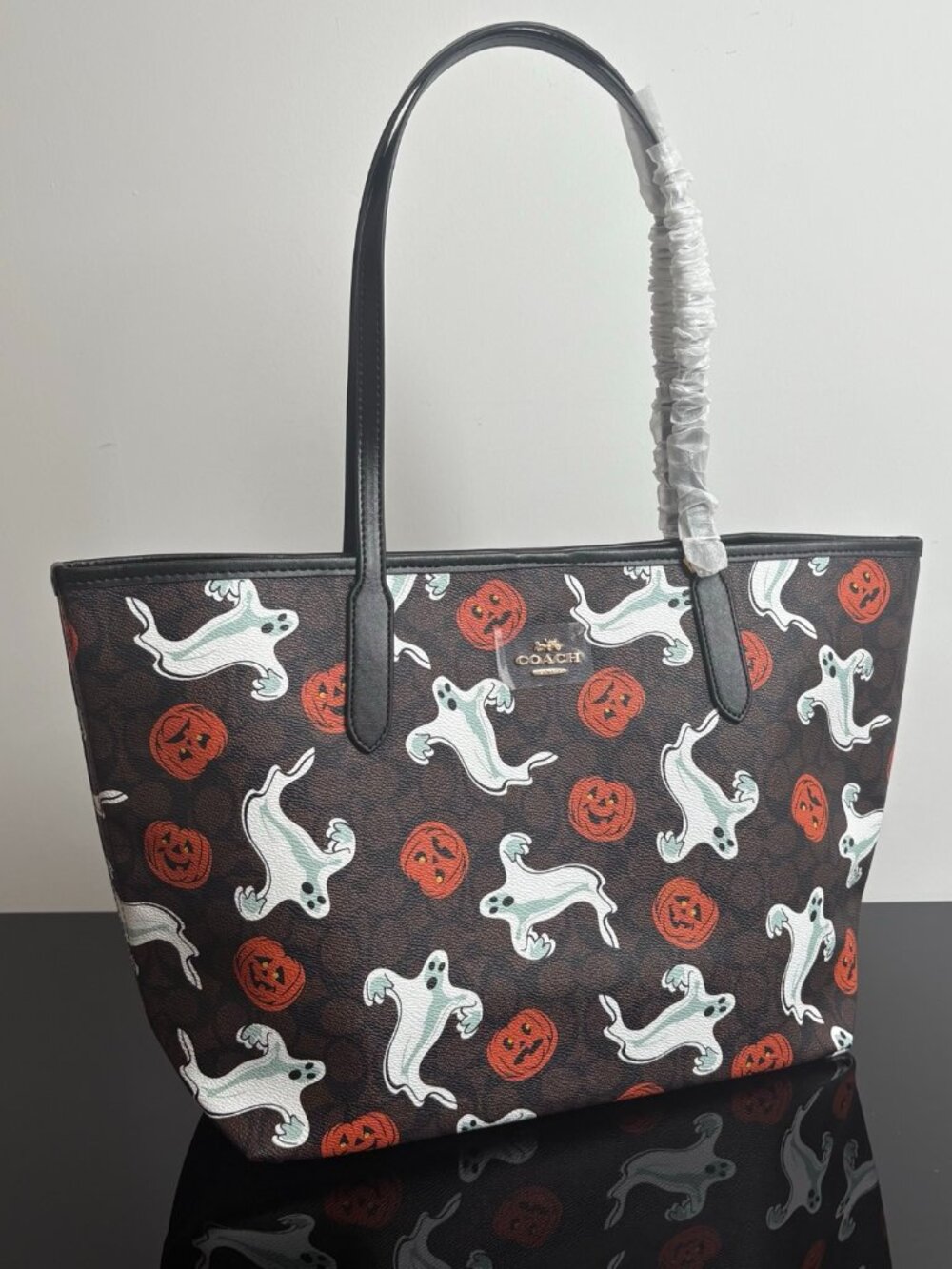 Coach Halloween Ghost Pumpkin Print Brown Signature Canvas Large Tote Bag